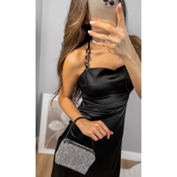 Zara Black Satin Effect Midi / Maxi Dress Gold Chain Spaghetti Straps Medium - Picture 2 of 13